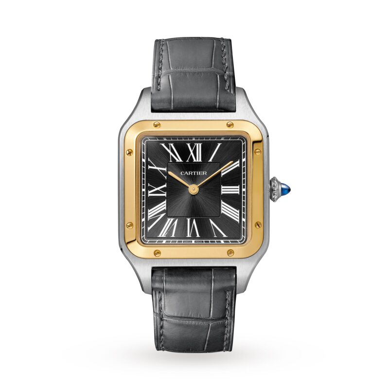 Santos-Dumont Watch Large Model, Hand-Wound Mechanical Movement, Yellow Gold, Steel, Leather