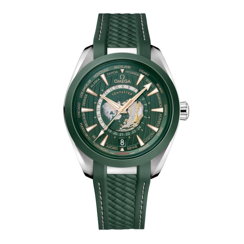 Seamaster Aqua Terra 150m Co Axial Master Chronometer GMT Worldtimer 43mm Mens Watch Green Rubber