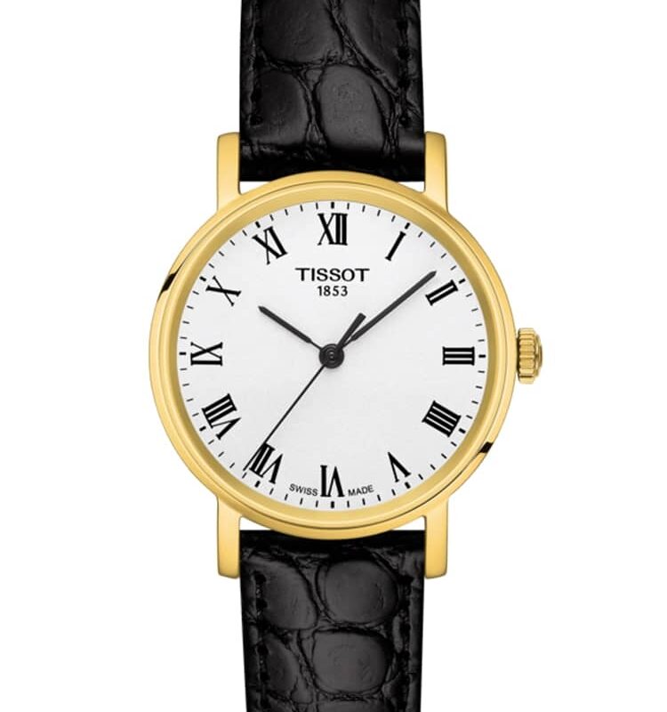 Tissot Ladies T-Classic Everytime Small Gold Plated White Dial Black Leather Strap Watch T109.210.36.033.00